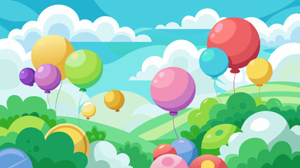 many balloons in the Sky, fluffy Clouds, Sunny, many Shades of Green, friendly, bright, colorful, minimalistic