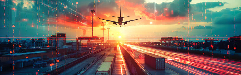Fototapeta premium A cargo plane flies over a cityscape at sunset, with digital lines and data overlays creating a futuristic aesthetic