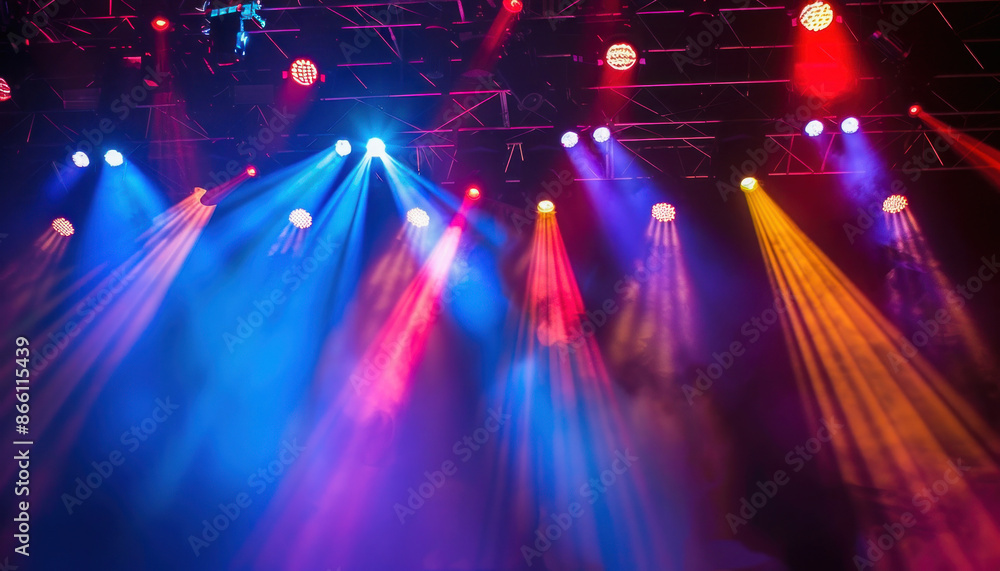 Poster stage illuminated by vibrant lights during performance, creating visually captivating experience