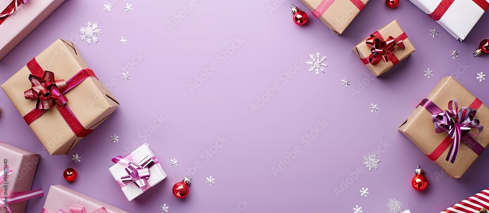 Poster composition for christmas holiday showing assorted gift boxes on a soft purple backdrop with a flat 
