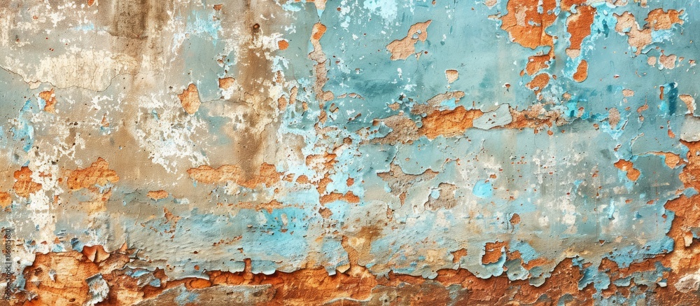 Poster old paint with rust and defects on a wall provides a textured background for images with copy space.