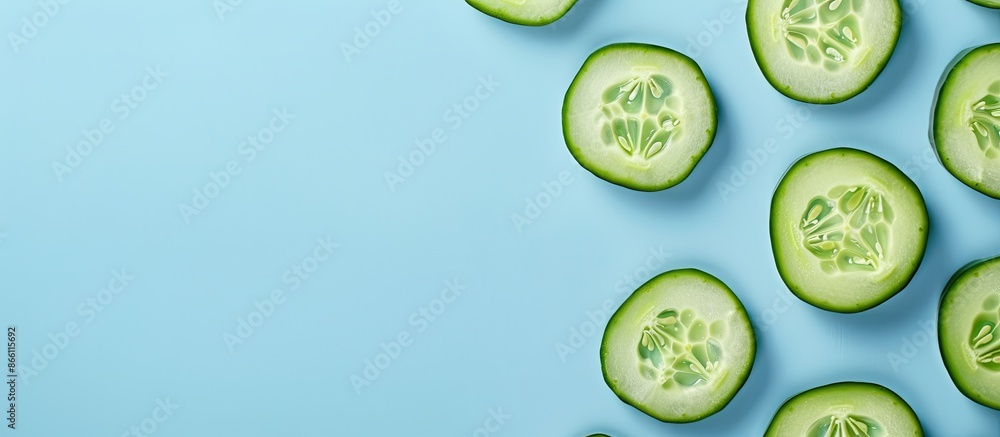 Poster crisp cucumber slices arranged on a light blue backdrop with copy space image.