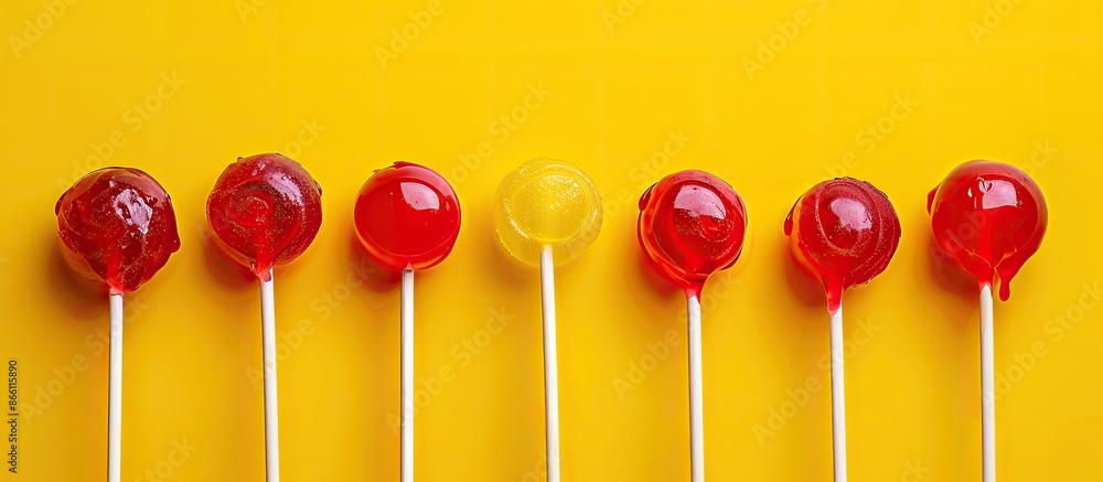 Aufkleber bright lollipops on sticks against a yellow backdrop in a flat lay composition with blank space for 