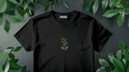 Mockup of black t shirt with label promoting environmental awareness and sale