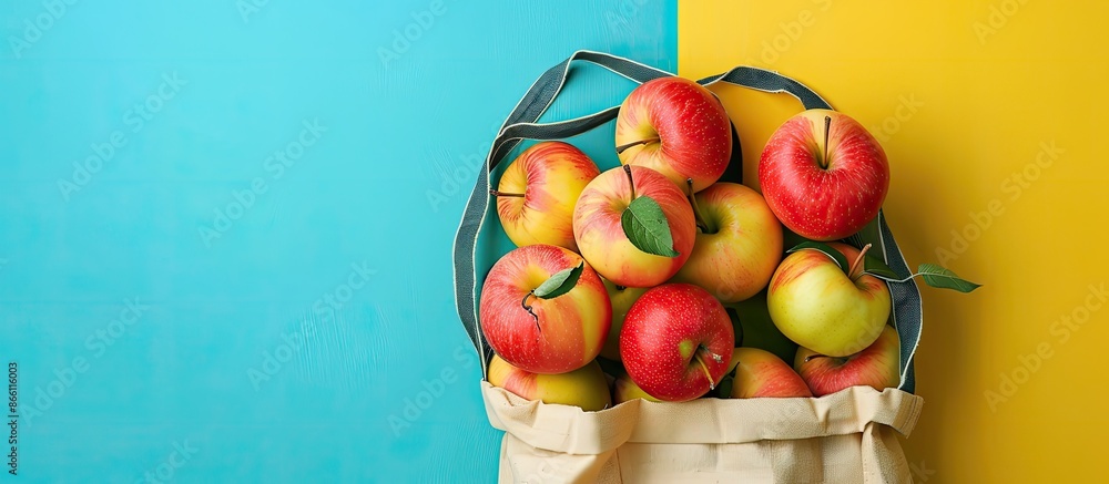 Poster juicy red apples overflow from the grocery bag against a colorful yellow-blue backdrop, creating an 