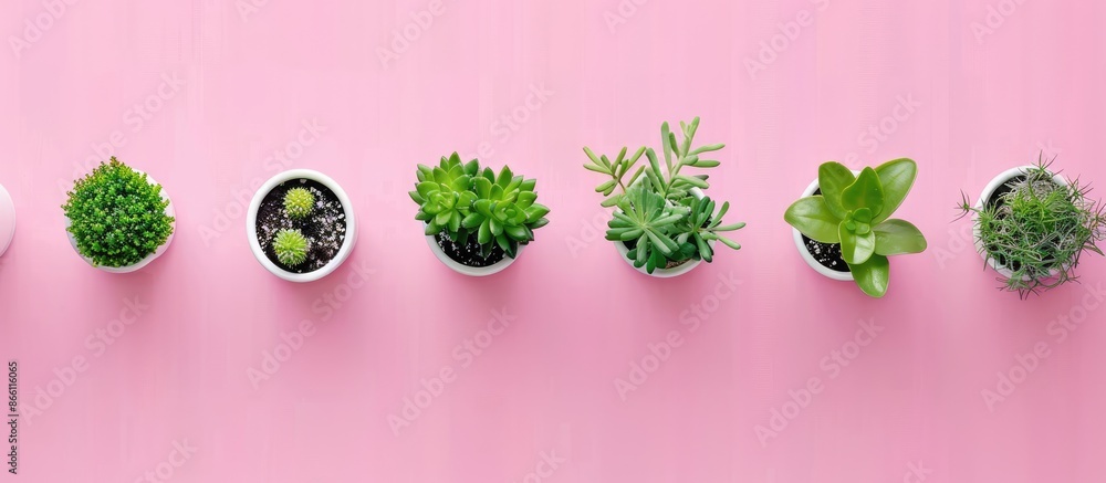 Canvas Prints Aerial perspective of small green plants in white pots against a pink backdrop with available copy space image.