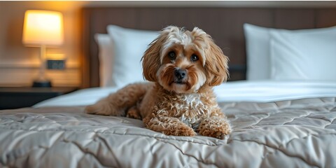 A happy dog enjoying a comfortable bed in a pet-friendly hotel. Concept Pet-friendly hotel, Happy dog, Comfortable bed, Traveling with pets