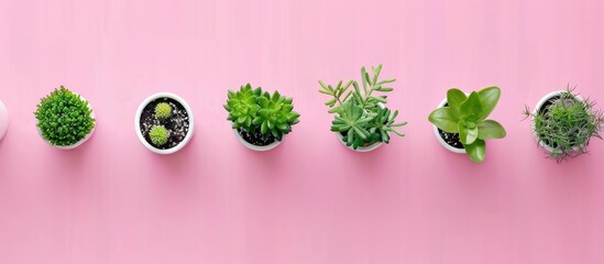 Aerial perspective of small green plants in white pots against a pink backdrop with available copy space image.