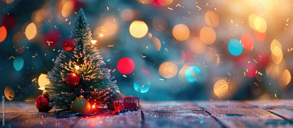 Poster create a christmas tree on a table with festive toys, lights, and an empty space for greeting cards 