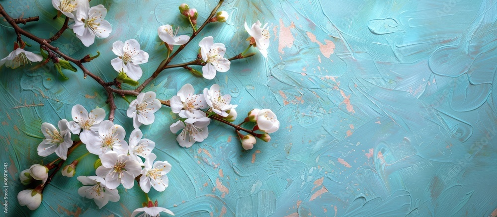 Poster cherry blossoms arranged on a soft blue backdrop, creating a spring-themed image with a top-down vie