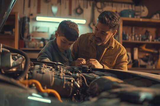 Father teaching son car repair in cozy garage, bonding over shared experience, passing on skills and knowledge. Boy eager to learn, focusing on tools and parts