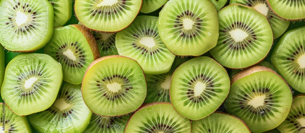 Poster a top-down view of sliced kiwi creating an appealing copy space image.