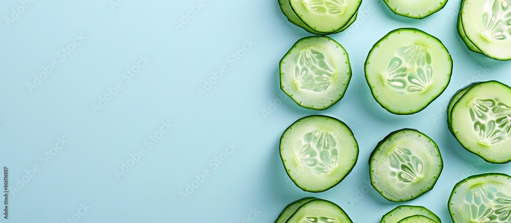 Poster crisp cucumber slices arranged on a light blue backdrop with copy space image.