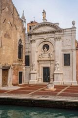 Scenic canal with bridge and ancient buildings. Houses with beautiful facade in Venice, Italy 04.01.2024
