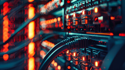 A close-up of network cables plugged into a server rack in a data center, with red lights illuminating the connections