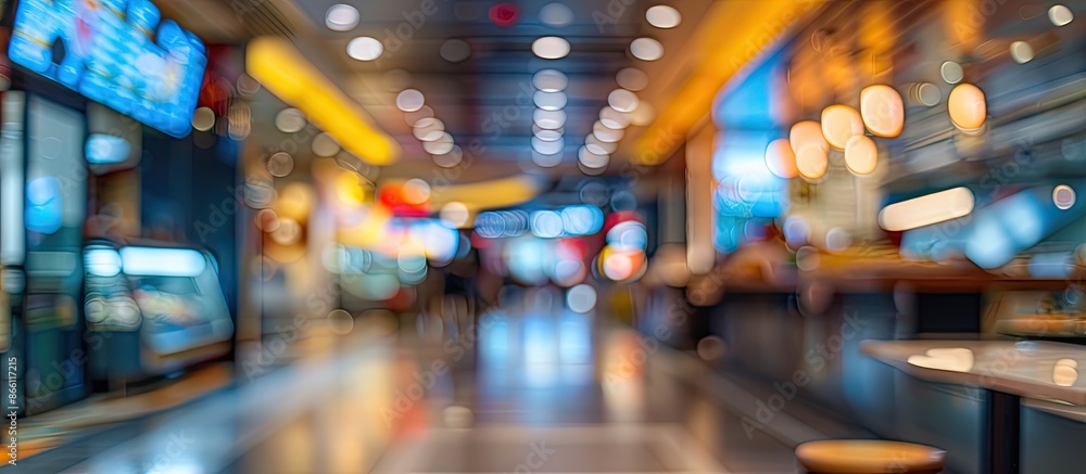 Poster use blurry fast-food outlets in the mall as a design element for your background with copy space ima