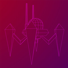 Spider robot with radar antenna. Nanobot, nanotechnology medical concept. Wireframe low poly mesh vector illustration