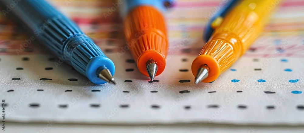 Aufkleber three colorful pens placed on paper against a backdrop featuring a study environment with copy space
