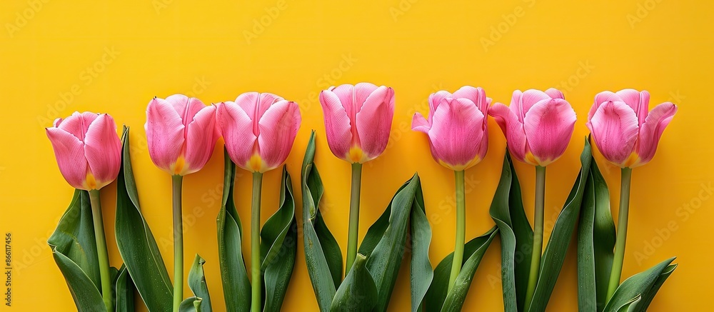 Poster pink tulips arranged artistically on a vibrant yellow backdrop create a charming greeting card with 