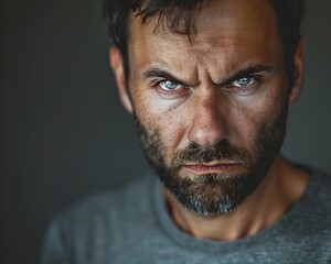 Obraz premium Stern and Determined Male Facial Expression in Close up Portrait Photography