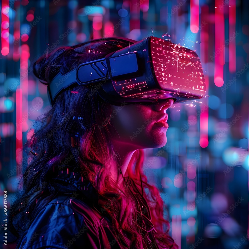 Poster determined female hacker immersed in virtual hacking environment with neon aesthetics