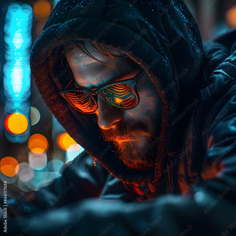 Poster intense hacker developing malware in a focused digital environment