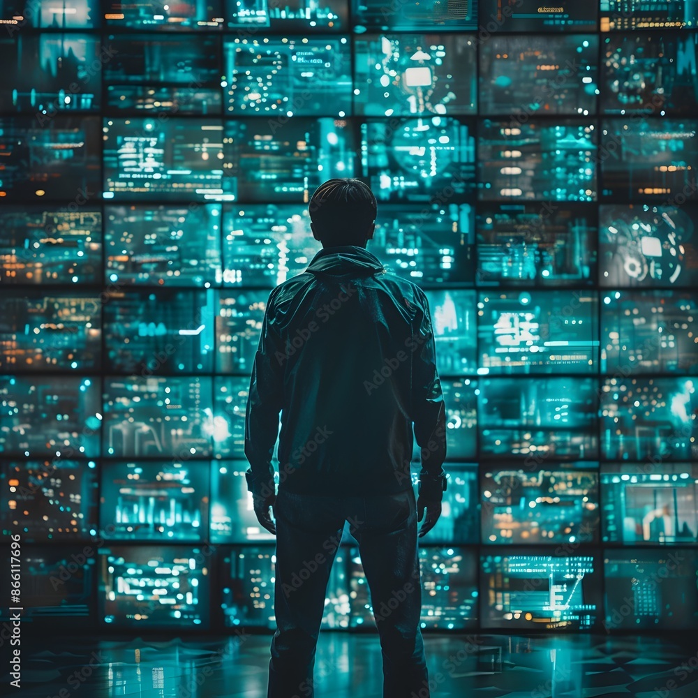 Poster hacker surrounded by digital screens showcasing diverse data and information