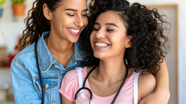 Two women are hugging each other and one of them is wearing a stethoscope