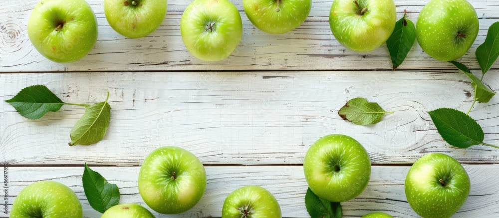 Poster fresh green apples arranged on a white wooden surface for text placement in a flat lay copy space im