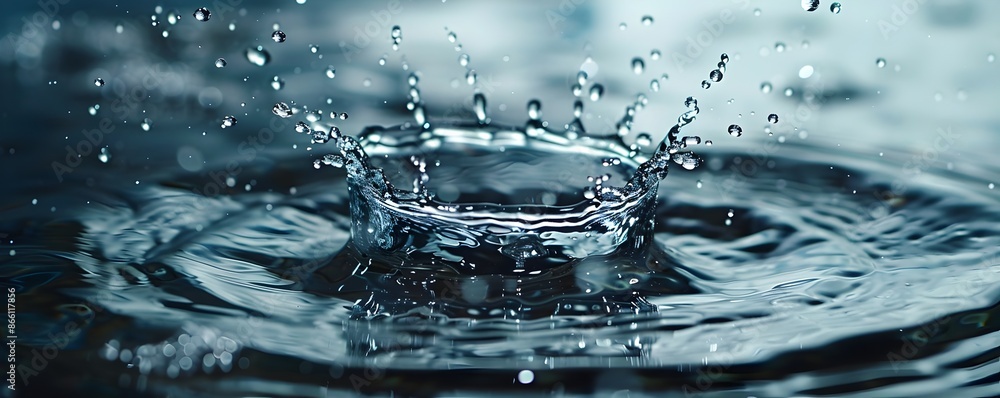 Poster slow motion capture of a water drop creating a crown like splash