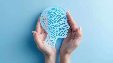 A person is holding a head with a blue background