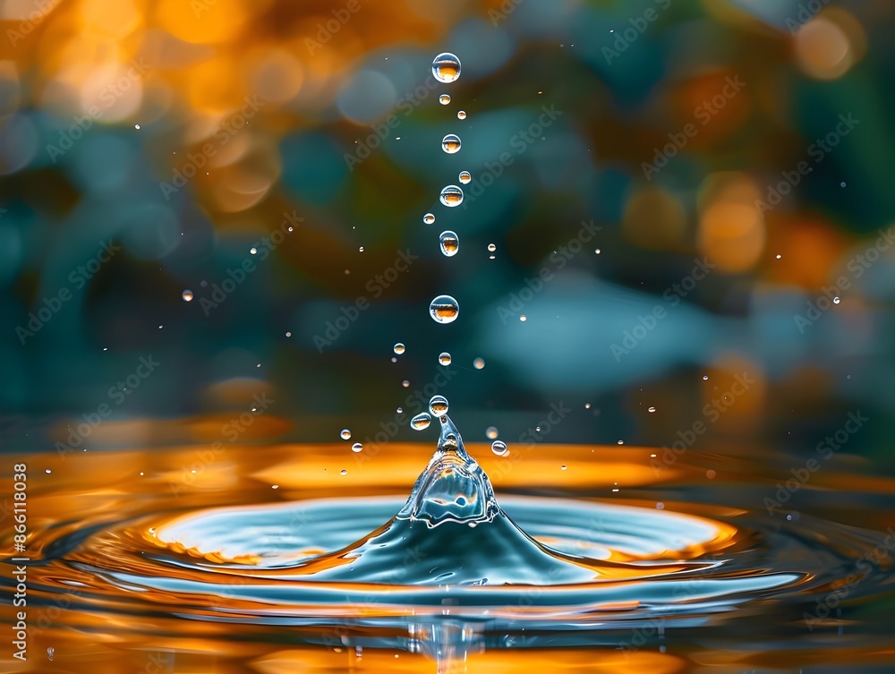 Poster Dramatic Water Drop About to Fall from Leaf Tip with Blurred Background