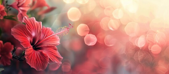Hibiscus flower in vivid red shades blooming against a softly blurred bokeh background, creating a stunning copy space image.