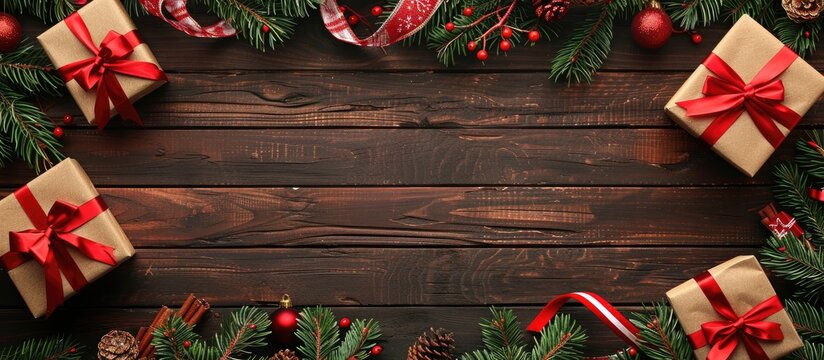 Christmas-themed border with gifts, red ribbons, and bows on pine branches, set against a rustic wooden backdrop with copy space image.