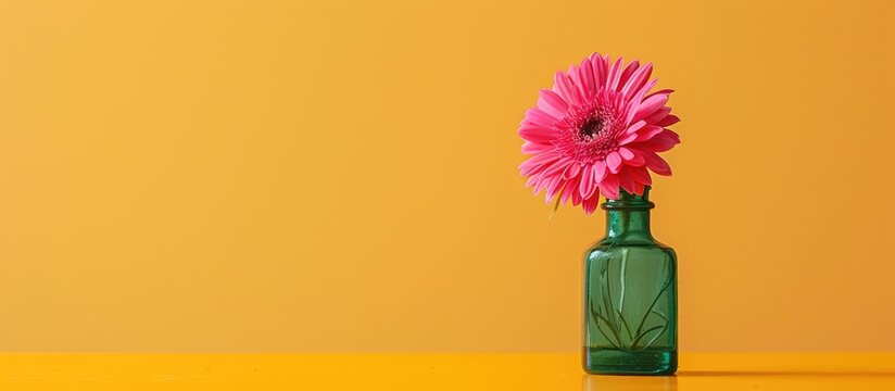 Minimalist composition featuring a pink flower in a green bottle, set against a bright yellow background, creating a visually appealing copy space image.