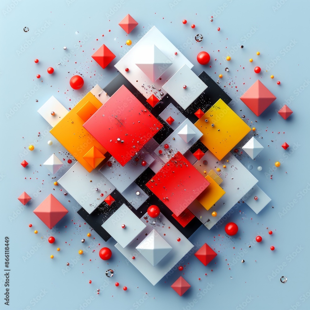 Poster 2d a confusion of squares and circles and triangle shapes floating around each other for marketing p