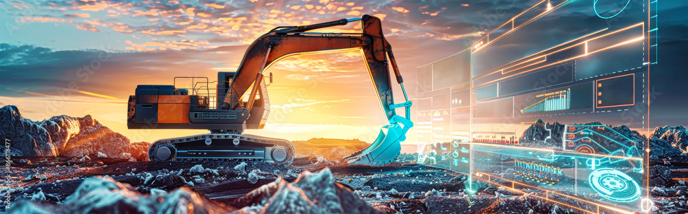 Poster an excavator works in a rocky field at sunset, with digital data visualizations showing its performa