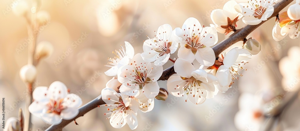Poster apricot tree branch with white flowers creating a spring-themed copy space image.