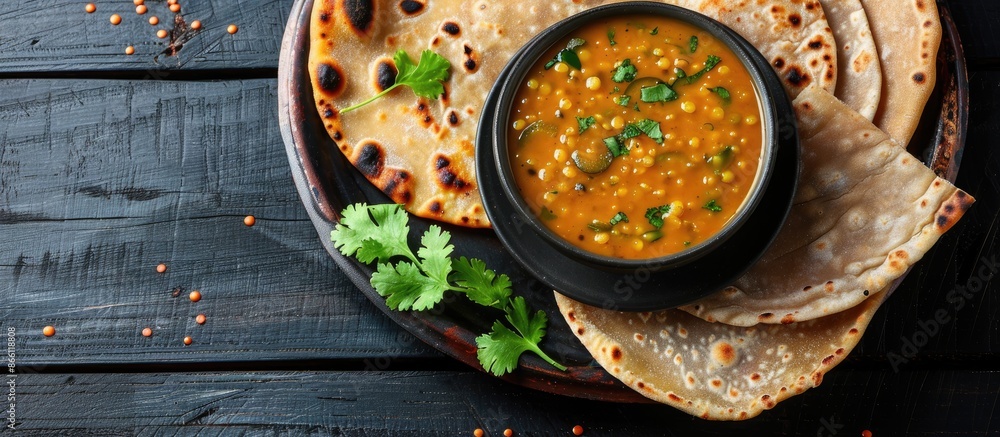 Sticker Traditional Indian lentil soup, Masoor Dal or Dal Tadka curry served with homemade Chapati on rustic black wooden background with copy space image.