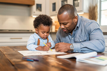 Father and son enjoying quality time together, drawing and coloring at their kitchen table