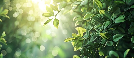 Obraz premium A natural garden scene with green leaves, branches, and sunlight ideal for wallpaper design with space for text. image with copy space