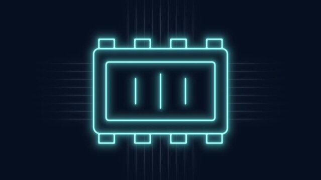 Arm processor neon animation. Chip architecture animated icon glow effect.Scaling capacitor. Modern electronics. Dynamic overlay on white background. HD video with alpha channel. Motion graphic