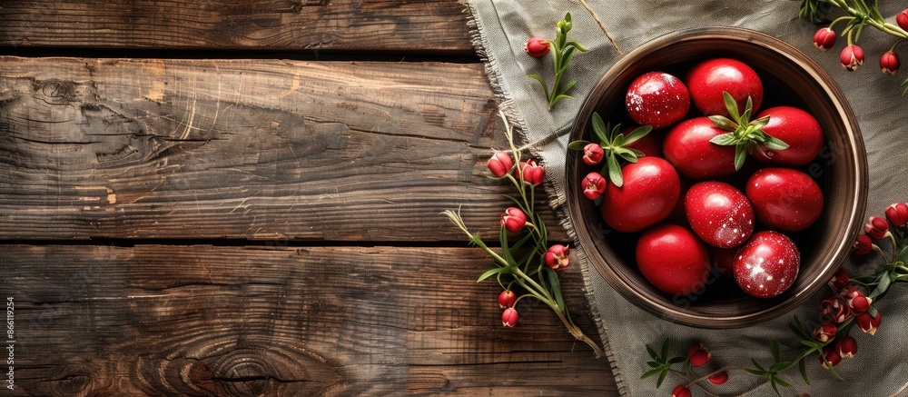 Poster a top view photo with a wooden table displaying red easter eggs, a table setting, and a banner, prov