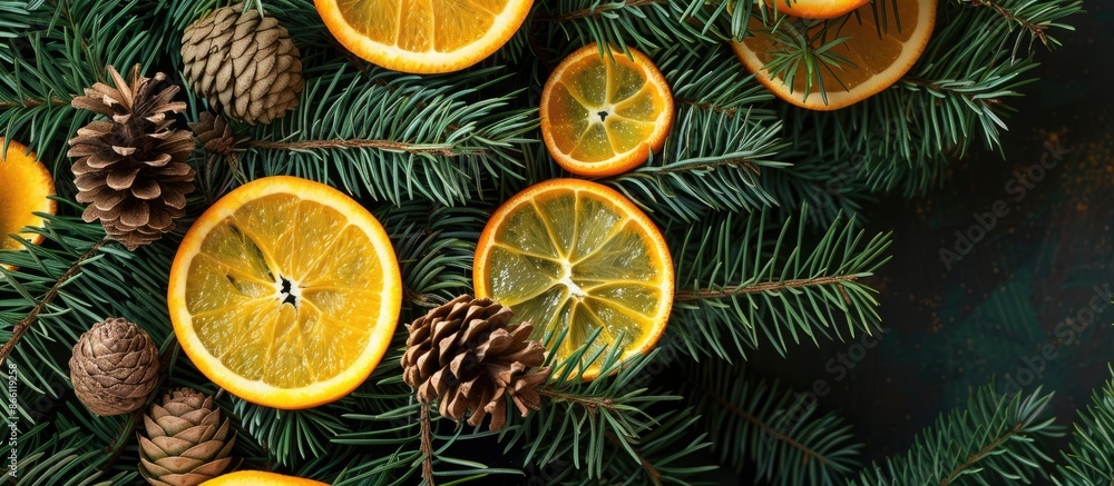 Poster a festive christmas card with a copy space image nestled in a fir tree adorned with orange slices an