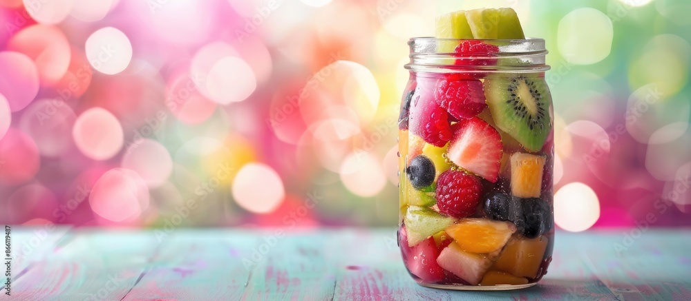Poster a mason jar filled with a delicious fruit salad set against a colorful background, with plenty of em