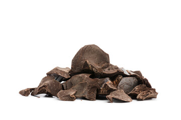 Pile of dark chocolate flakes isolated on white background.