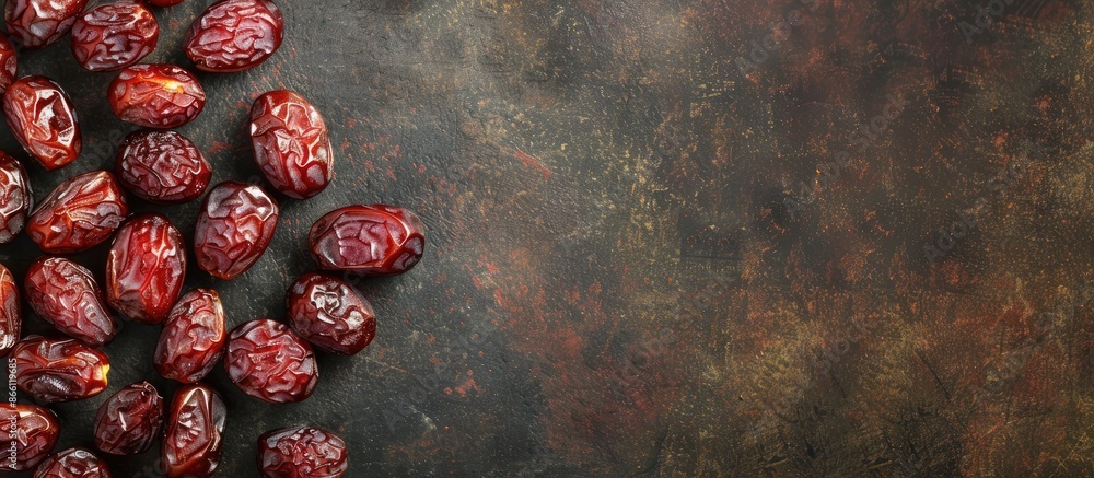 Poster a top-view image of delicious and nutritious dried date fruit offers copy space for text on a rustic