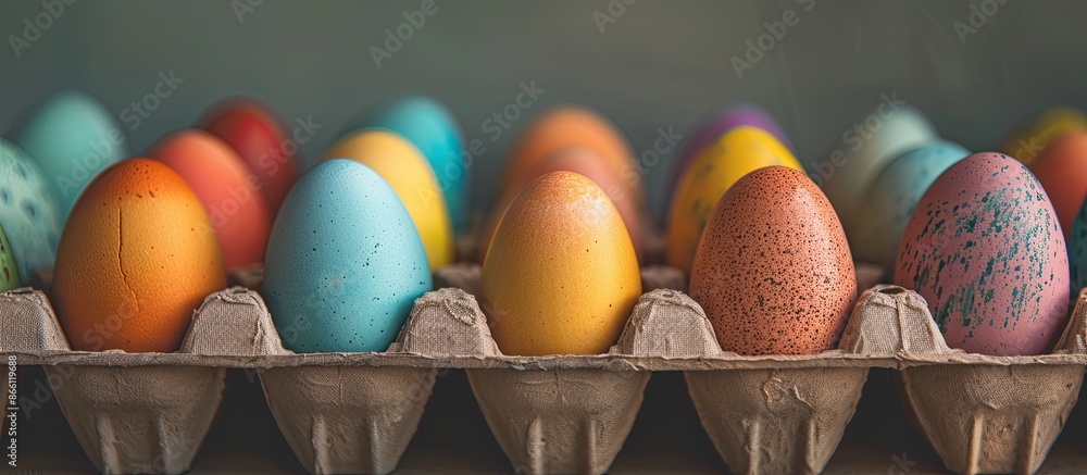 Poster a close-up view of colorful easter eggs lined up neatly in a carton, with space for text or images. 