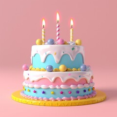 Birthday Cake Emoji 3D Icon Create a birthday cake emoji with three pastel-colored layers and candles lit on top, AI Generative