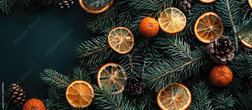 Poster a festive christmas card with a copy space image nestled in a fir tree adorned with orange slices an